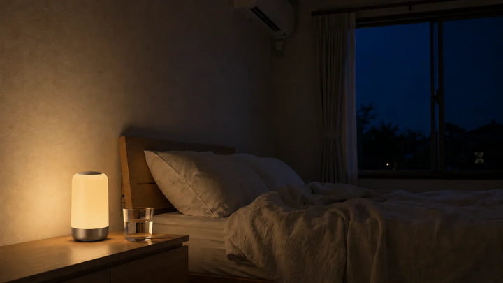 熱帯夜の寝室|水のグラスと最小限のあかり、窓の外は夏の夜空とエアコン