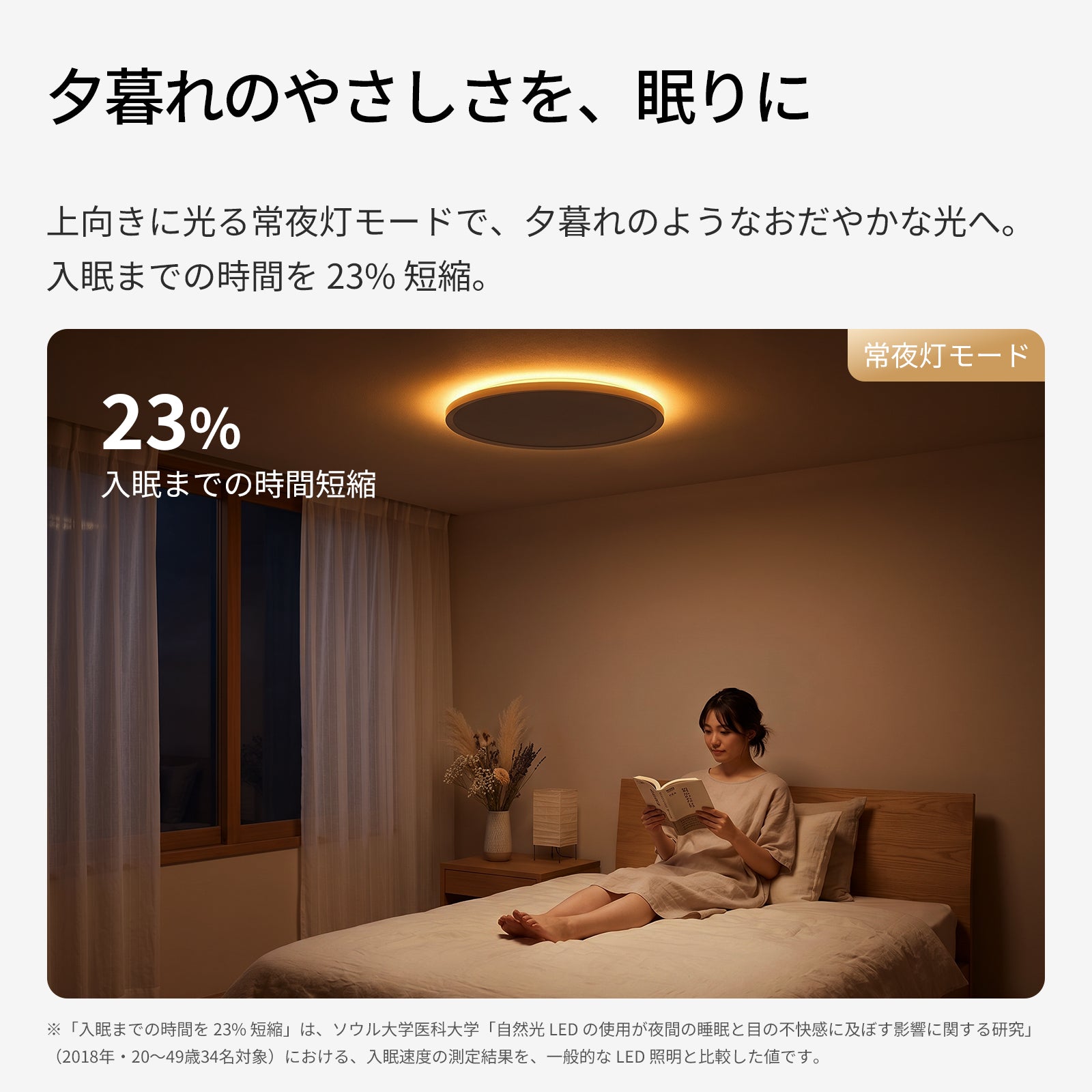 常夜灯モード 入眠時間23%短縮 夕暮れ色の寝室