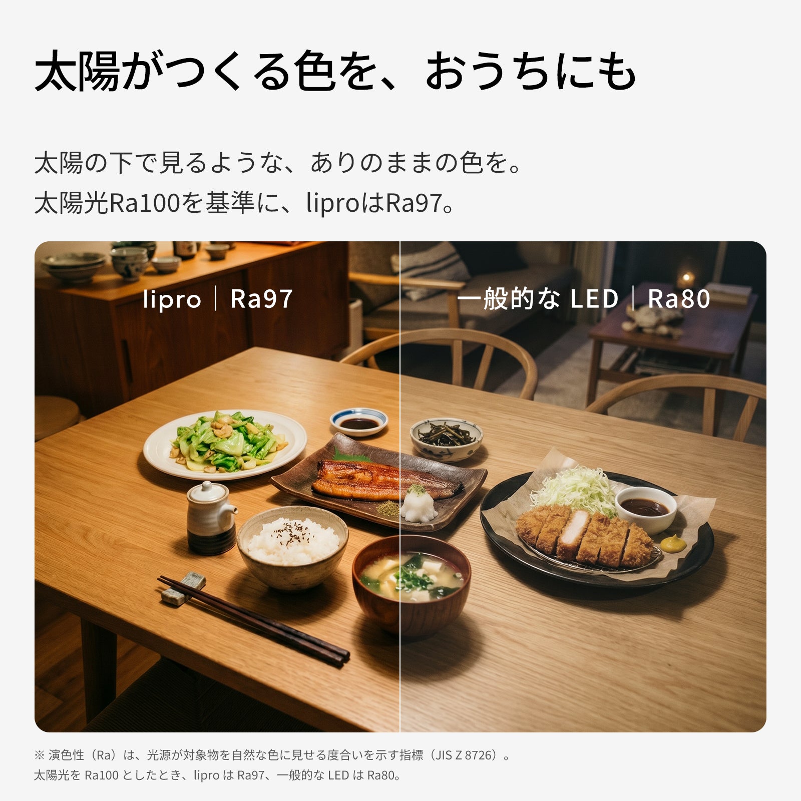 Ra97 演色性比較 食卓料理の色再現 lipro vs 一般LED Ra80