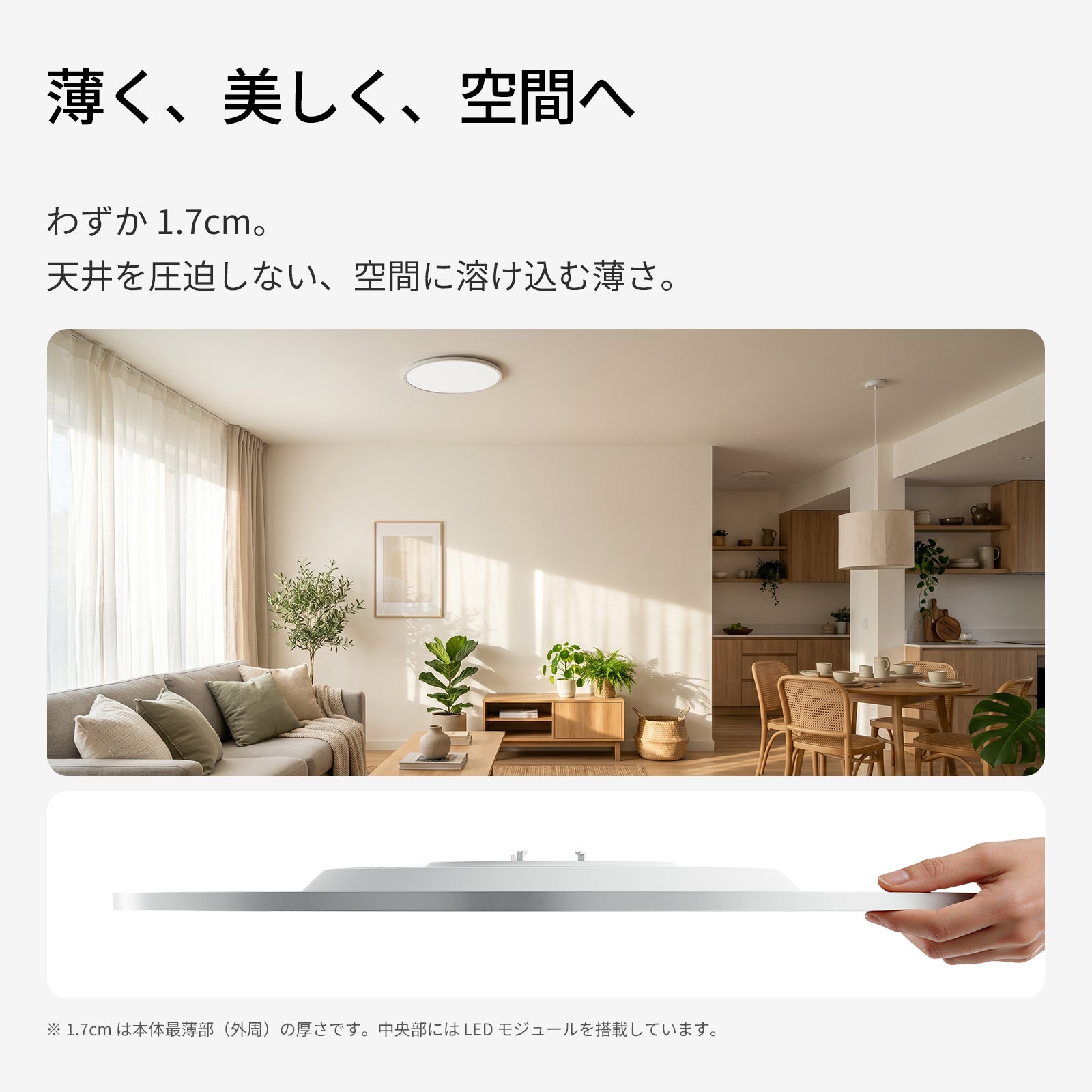 超薄1.7cm 天井に溶け込む薄型デザイン リビング設置イメージ